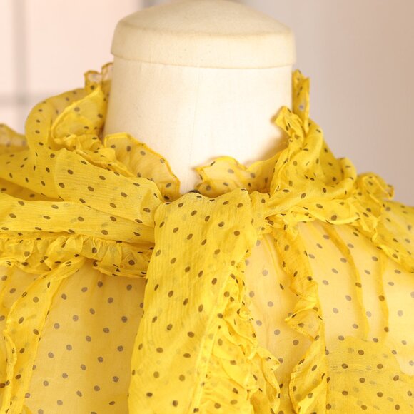 Sz 42  L Chanel Vintage 3-Piece Ruffled Yellow Silk w/Black Polkadots Chiffon Bl - Picture 2 of 9